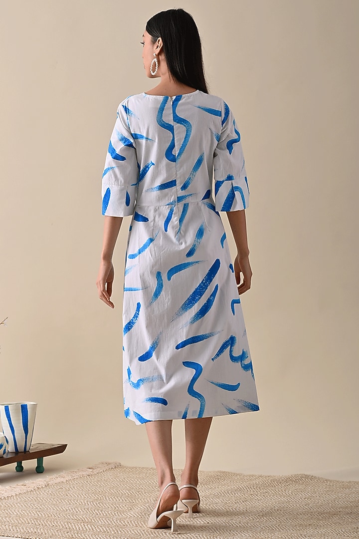 White & Blue Organic Cotton Printed Summer Dress by Kanelle at Pernia's Pop Up Shop
