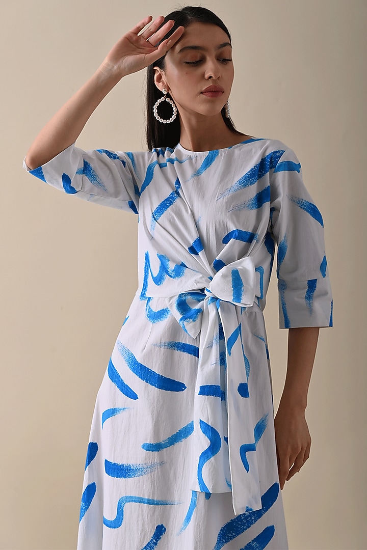 White & Blue Organic Cotton Printed Summer Dress by Kanelle at Pernia's Pop Up Shop
