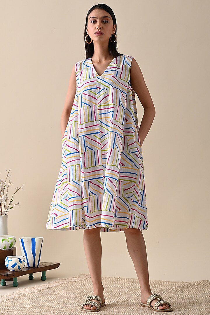 Multi-Colored Cotton Hemp Printed A-Line Dress by Kanelle