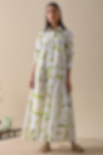 White & Olive Cotton Printed Maxi Dress by Kanelle