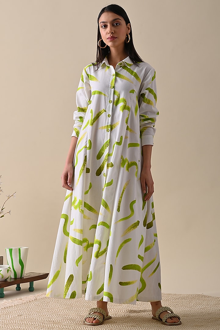 White & Olive Cotton Printed Maxi Dress by Kanelle