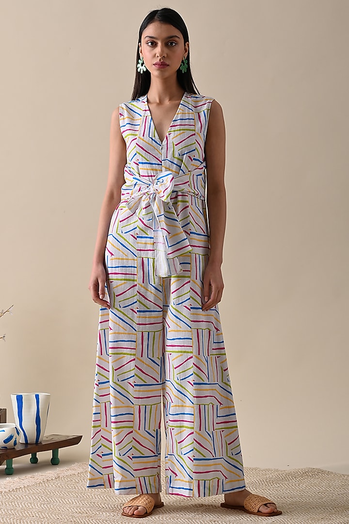 Multi-Colored Cotton Hemp Printed Jumpsuit by Kanelle