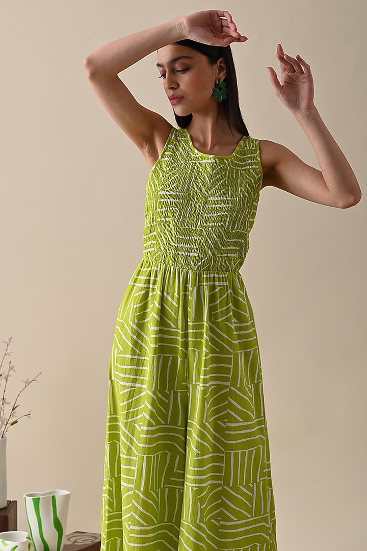 Olive Cotton Printed Jumpsuit by Kanelle at Pernia's Pop Up Shop