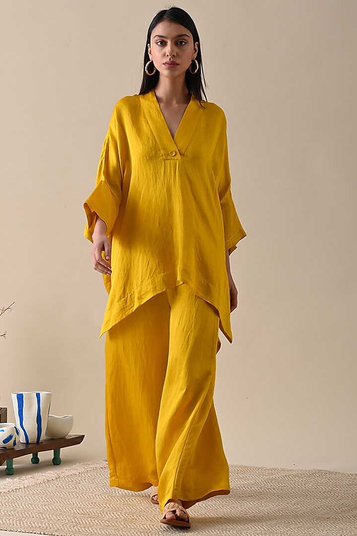 Yellow Linen Satin Co-Ord Set by Kanelle
