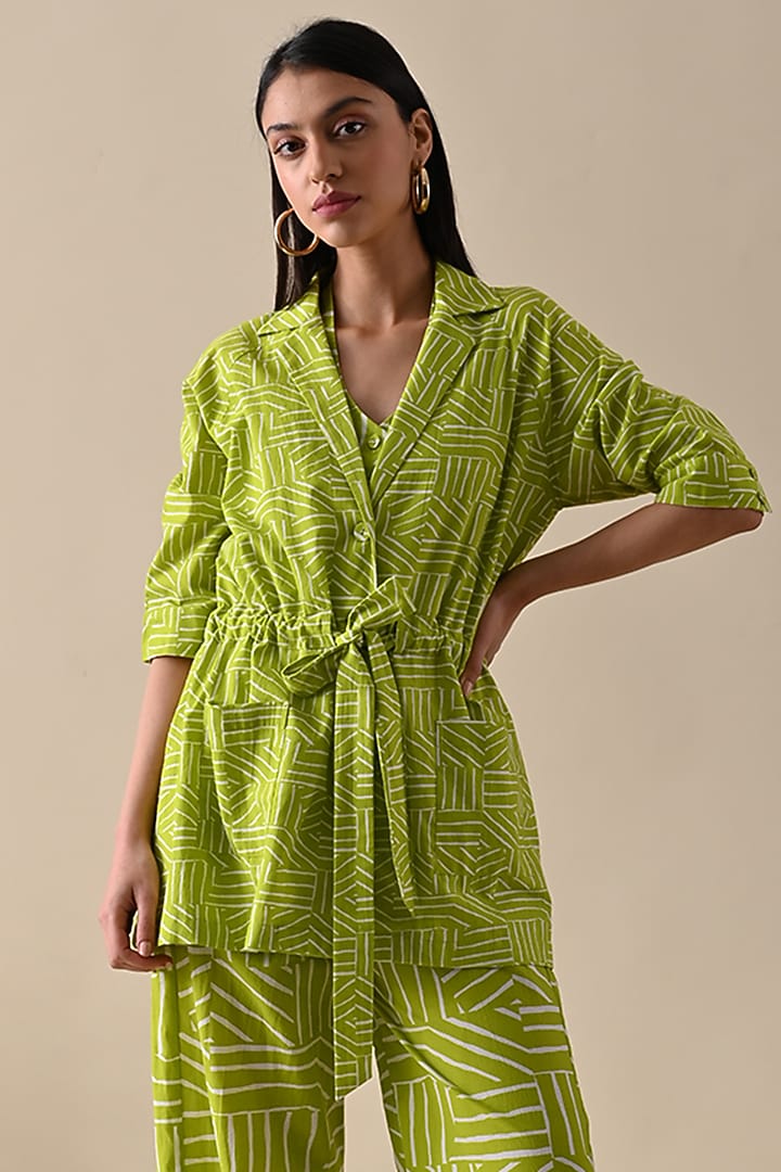 Olive Cotton Printed Jacket Set by Kanelle at Pernia's Pop Up Shop