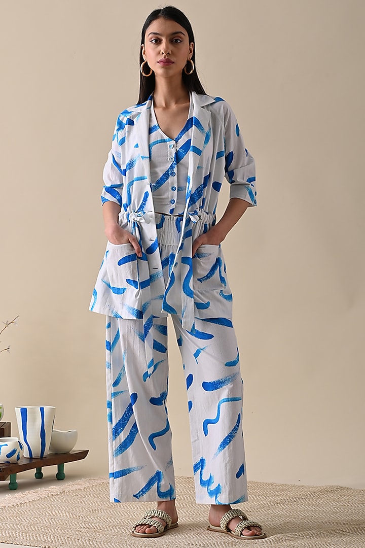 Blue Cotton Printed Jacket Set by Kanelle