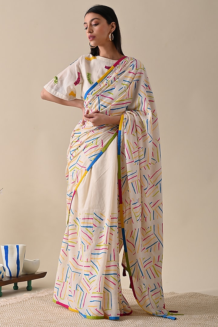 Multi-Colored Mulmul Printed Saree by Kanelle