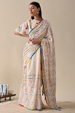 Multi-Colored Mulmul Printed Saree by Kanelle