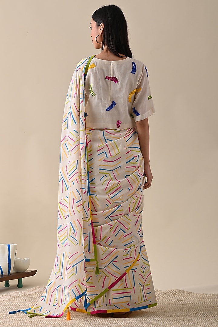 Multi-Colored Mulmul Printed Festive Saree by Kanelle at Pernia's Pop Up Shop