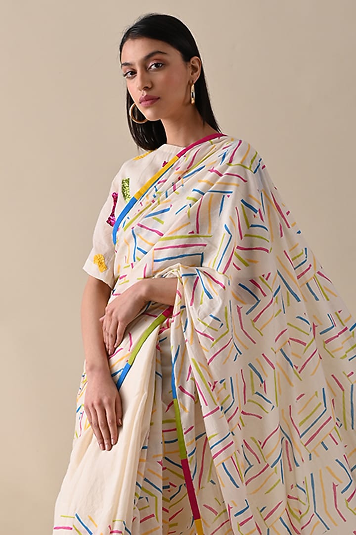 Multi-Colored Mulmul Printed Festive Saree by Kanelle at Pernia's Pop Up Shop