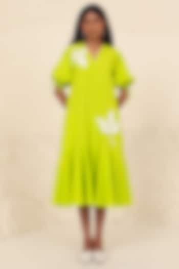 Lime Cotton Poplin Applique Work A-Line Dress by Kanelle