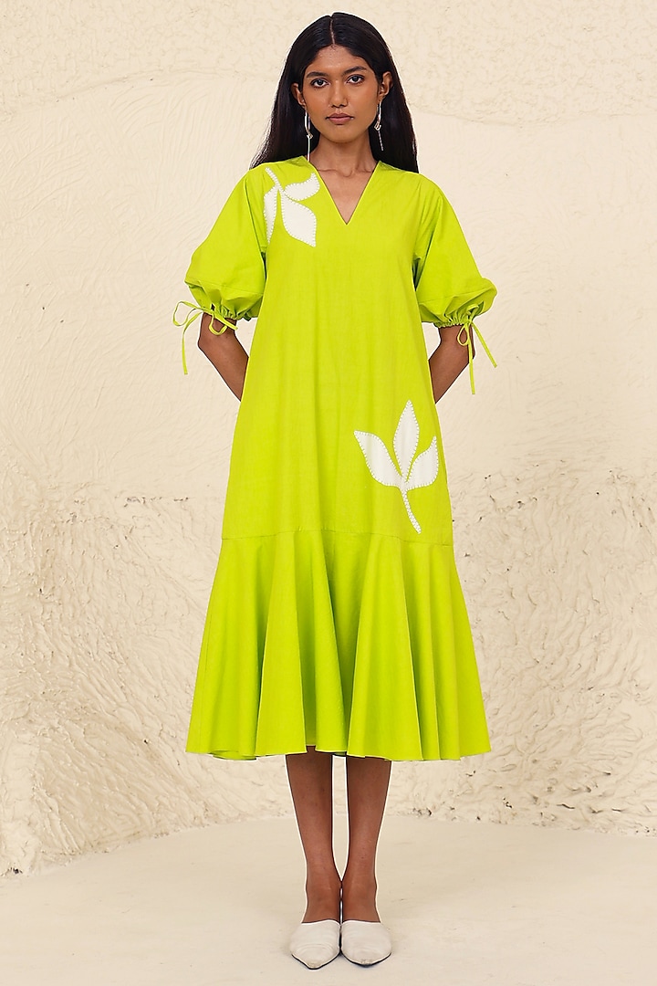 Lime Cotton Poplin Applique Work A-Line Dress by Kanelle