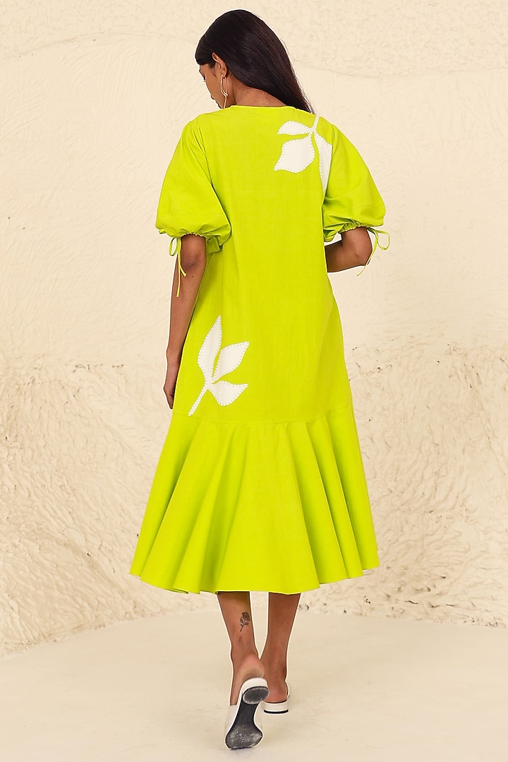 Lime Cotton Poplin Applique Work A-Line Summer Dress by Kanelle at Pernia's Pop Up Shop
