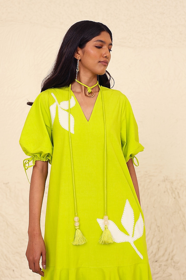 Lime Cotton Poplin Applique Work A-Line Summer Dress by Kanelle at Pernia's Pop Up Shop