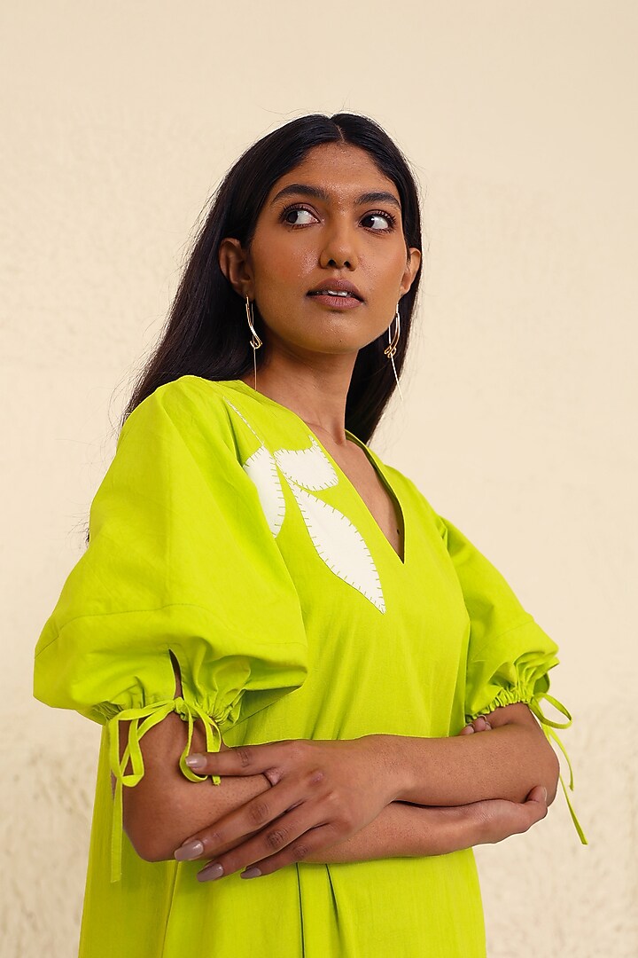 Lime Cotton Poplin Applique Work A-Line Summer Dress by Kanelle at Pernia's Pop Up Shop
