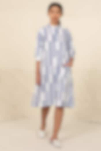 White & Blue Cotton Poplin Stripe Printed Calf-Length Shirt Dress by Kanelle