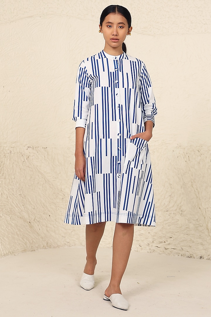 White & Blue Cotton Poplin Stripe Printed Calf-Length Shirt Dress by Kanelle