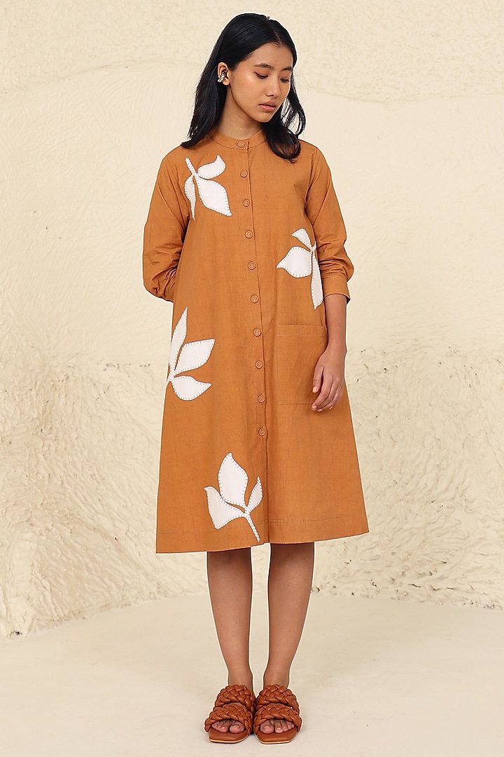 Beige Cotton Poplin Applique Work Calf-Length Shirt Dress by Kanelle at Pernia's Pop Up Shop