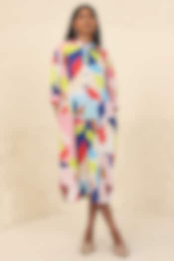 Multi-Colored Cotton Poplin Printed Calf-Length Dress by Kanelle