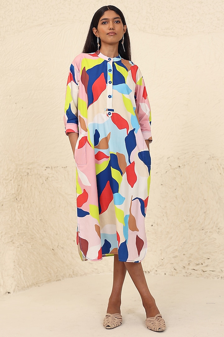 Multi-Colored Cotton Poplin Printed Calf-Length Dress by Kanelle