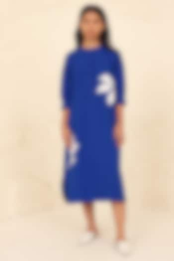 Blue Cotton Poplin Applique Work Calf-Length Dress by Kanelle at Pernia's Pop Up Shop