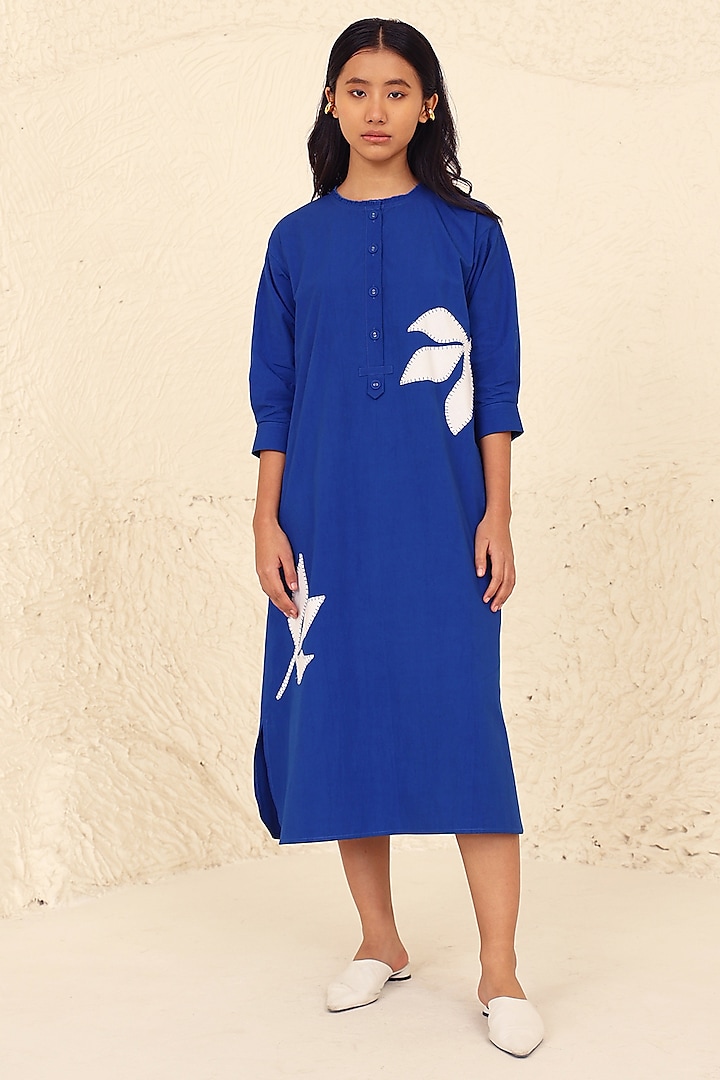 Blue Cotton Poplin Applique Work Calf-Length Dress by Kanelle at Pernia's Pop Up Shop