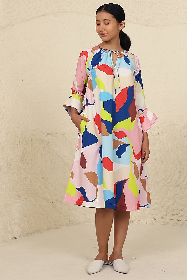 Multi-Colored Cotton Poplin Printed Calf-Length Dress by Kanelle at Pernia's Pop Up Shop