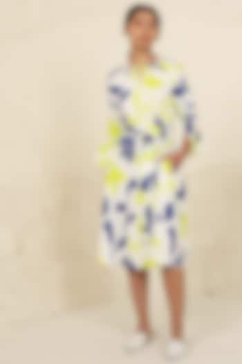 Lime & Blue Cotton Poplin Printed Calf-Length Dress by Kanelle at Pernia's Pop Up Shop