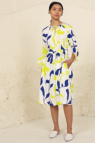 Lime & Blue Cotton Poplin Printed Calf-Length Dress by Kanelle