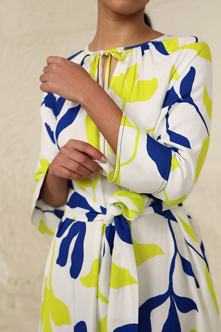 Lime & Blue Cotton Poplin Printed Calf-Length Summer Dress by Kanelle at Pernia's Pop Up Shop