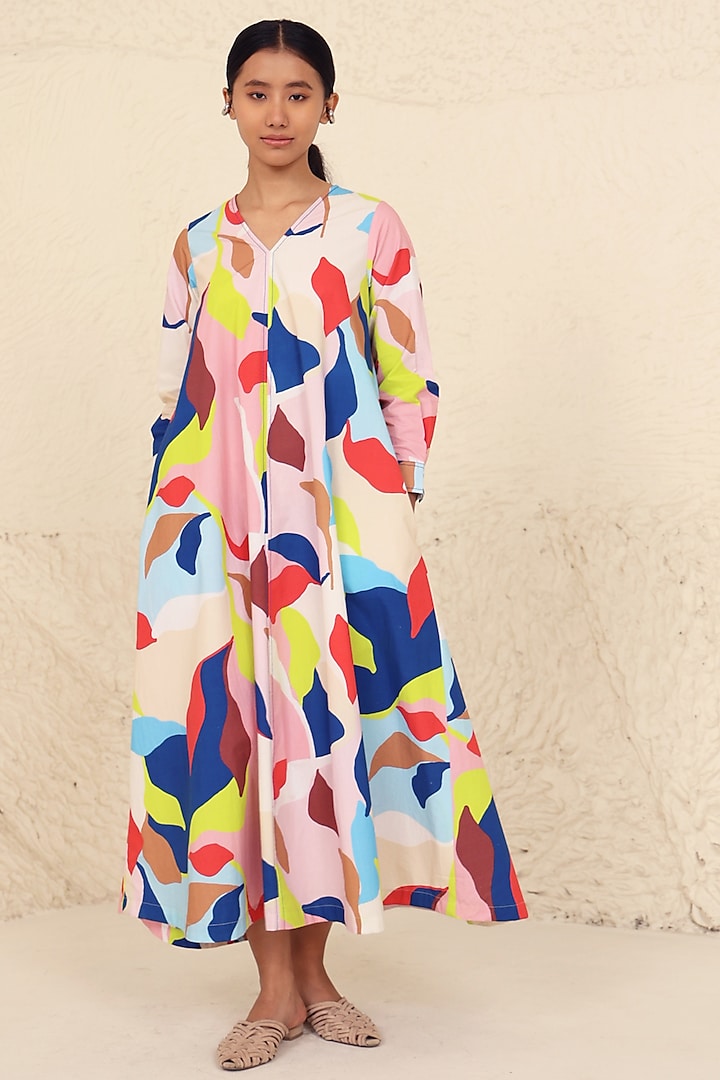 Multi-Colored Cotton Poplin Printed A-Line Ankle-Length Dress by Kanelle at Pernia's Pop Up Shop