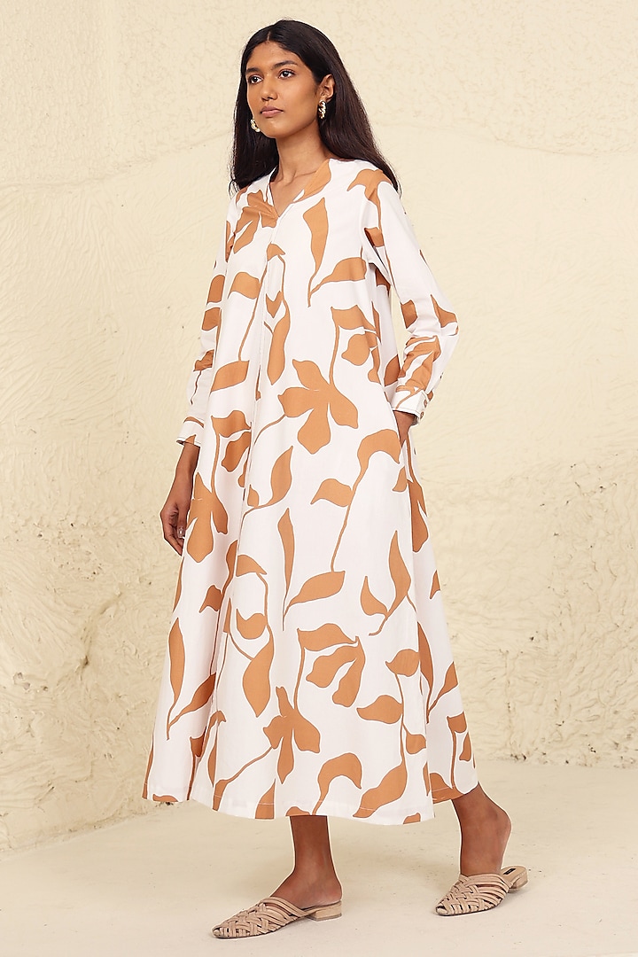 White & Beige Cotton Poplin Printed A-Line Ankle-Length Dress by Kanelle