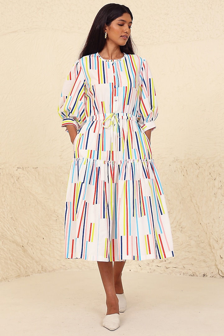 Multi-Colored Cotton Poplin Printed Calf-Length Tiered Dress by Kanelle