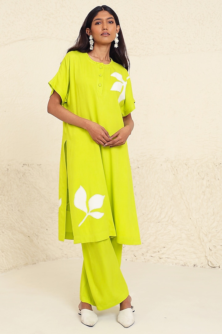 Lime Cotton Poplin Applique Work Tunic Set by Kanelle at Pernia's Pop Up Shop