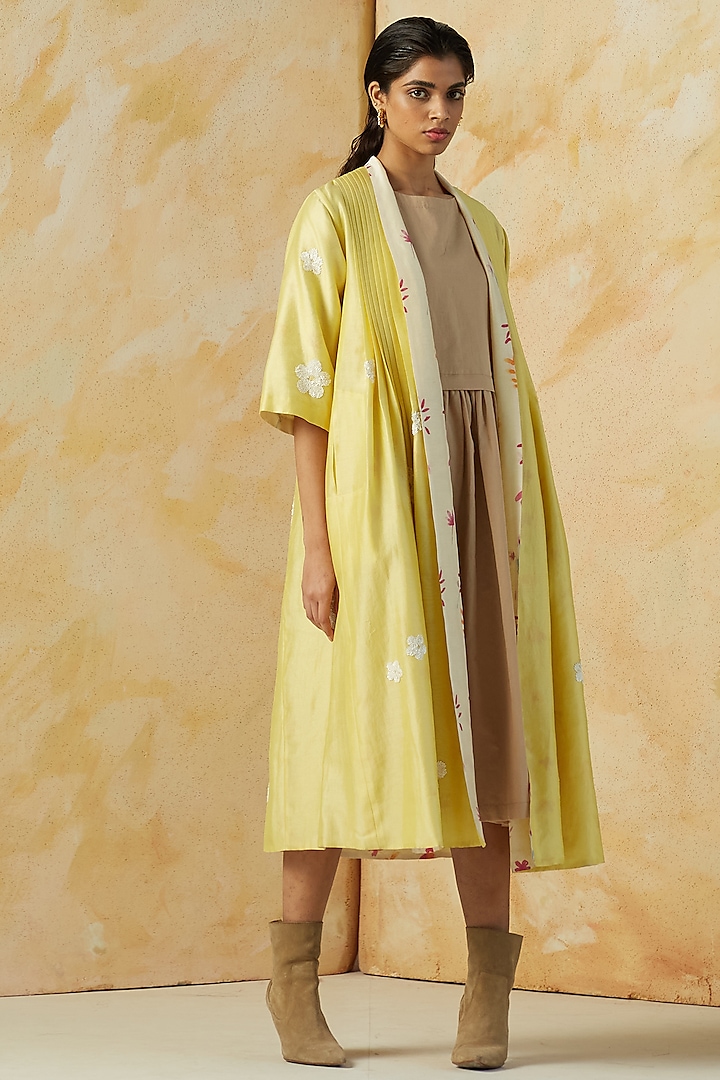 Butter Yellow & Ivory Printed Reversible Cape by Kanelle