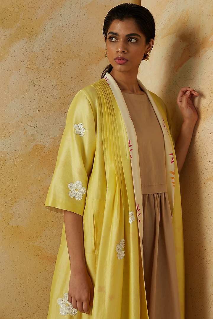 Butter Yellow & Ivory Printed Reversible Cape by Kanelle at Pernia's Pop Up Shop