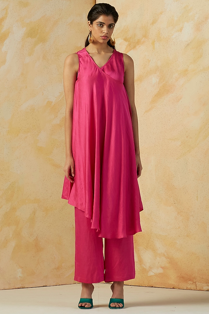 Hot Pink Linen Satin Wrapped Tunic by Kanelle at Pernia's Pop Up Shop