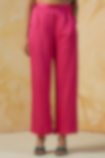 Hot Pink Linen Satin Ankle-Length Straight Pants by Kanelle at Pernia's Pop Up Shop