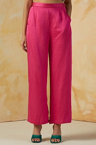 Hot Pink Linen Satin Ankle-Length Straight Pants by Kanelle