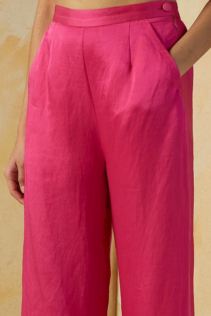 Hot Pink Linen Satin Ankle-Length Straight Pants by Kanelle at Pernia's Pop Up Shop