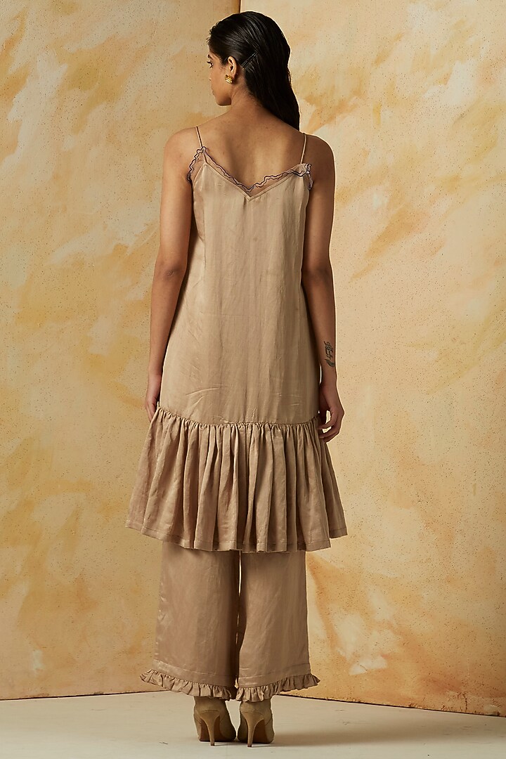 Beige Linen Satin Tunic Set by Kanelle at Pernia's Pop Up Shop