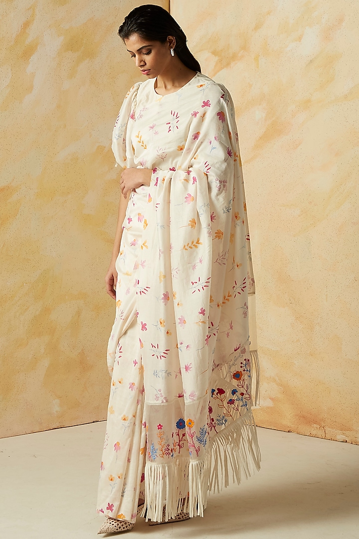 Ivory Printed & Embroidered Saree by Kanelle