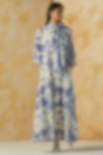 White & Blue Printed & Embroidered Maxi Dress by Kanelle