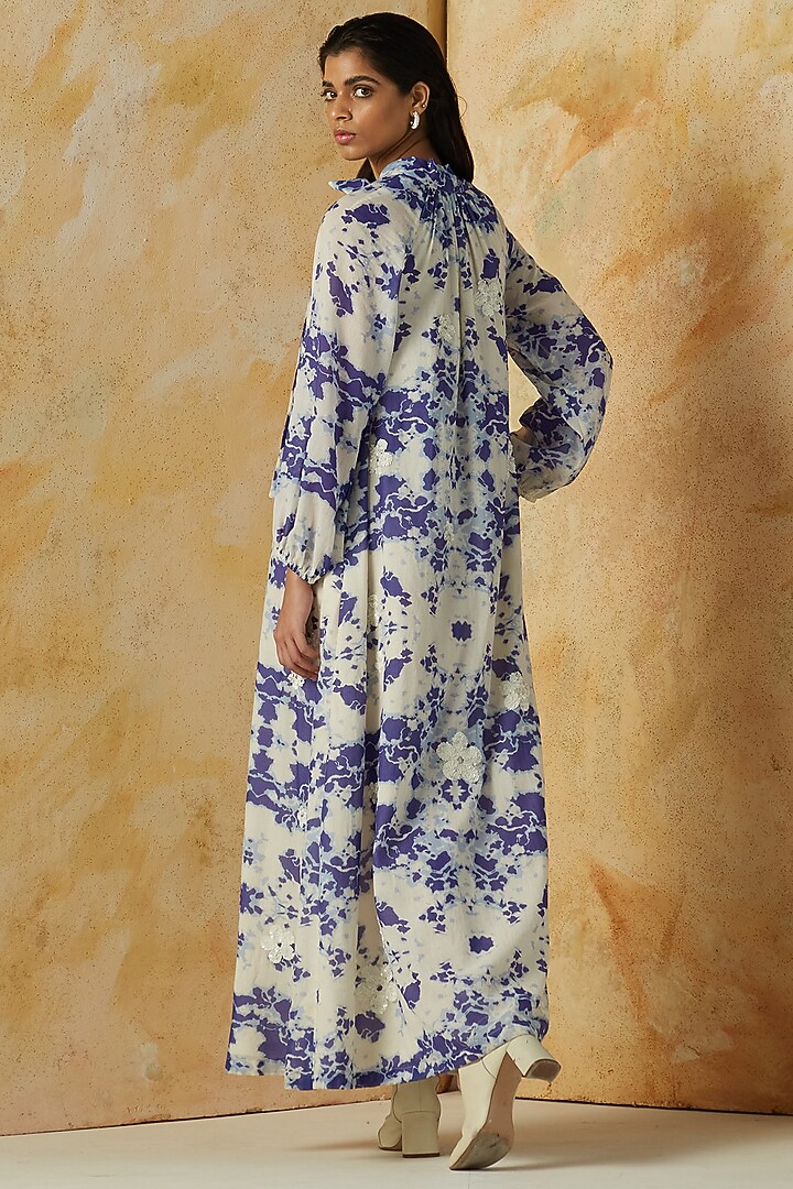 White & Blue Printed & Embroidered Maxi Summer Dress by Kanelle at Pernia's Pop Up Shop