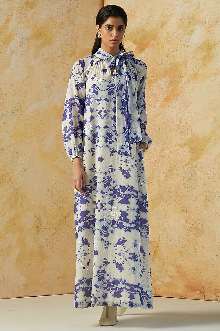 White & Blue Printed & Embroidered Maxi Summer Dress by Kanelle at Pernia's Pop Up Shop