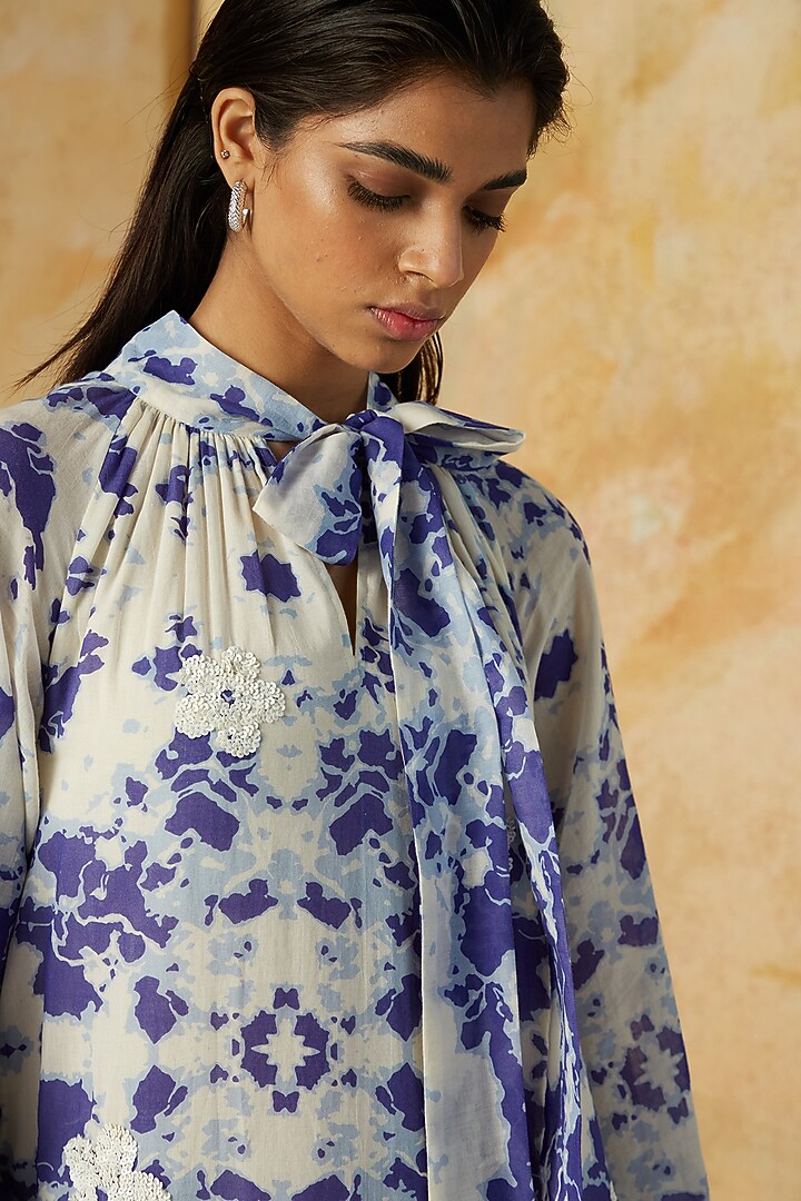 White & Blue Printed & Embroidered Maxi Summer Dress by Kanelle at Pernia's Pop Up Shop