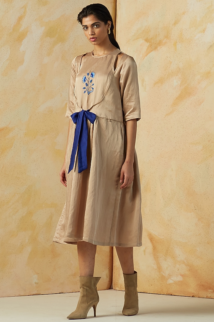 Beige Hand Embroidered Summer Dress by Kanelle at Pernia's Pop Up Shop