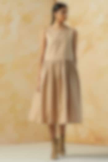 Beige Cotton Linen Gathered Dress by Kanelle