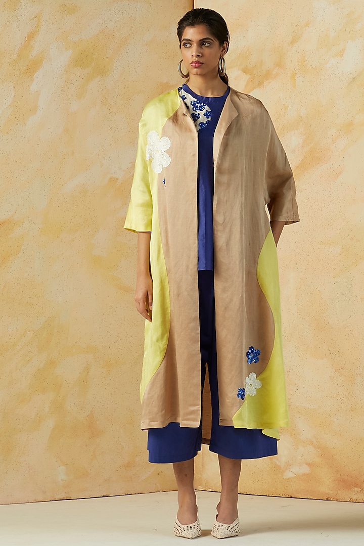 Yellow & Beige Embroidered Oversized Cape by Kanelle