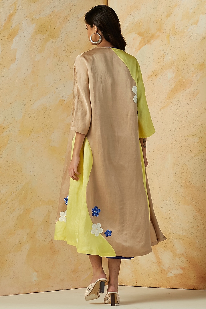 Yellow & Beige Embroidered Oversized Cape by Kanelle at Pernia's Pop Up Shop